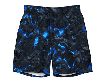 Puede incluir: Pantalones cortos con estampado negro y azul. Los pantalones cortos presentan un diseño oscuro y texturizado con acentos azul brillante, creando una apariencia dinámica y llamativa. Los pantalones cortos tienen una cintura elástica para un ajuste cómodo.