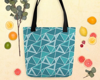 Tote Bag Blue Teal Triangular Geometric Beach Pattern