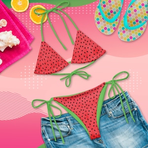 String Bikini, Watermelon Pink Fruit Seeds Stripes Triangle Bikini Top Bathing Suit, two-piece swimsuit, Summer Beach Vacation gift