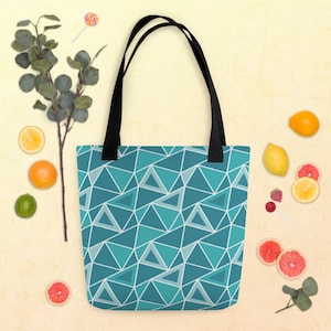 Tote Bag Blue Teal Triangular Geometric Beach Pattern