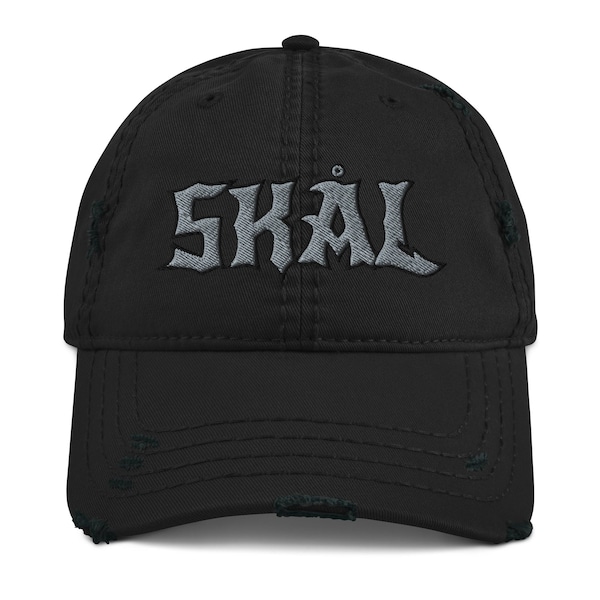 Skål Viking Embroidered Distressed Dad Hat Norwegian-Swedish-Icelandic-Faroese word for "cheers", or "good health", a salute or a toast