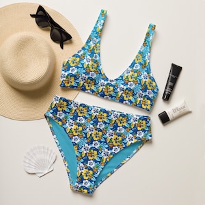 High-Waisted Two-Piece Bikini Bathing Suit, Tropical Pineapple Fruit & Flowers Swimsuit, Summer Beach Pool Vacation Swimwear Gift for Her