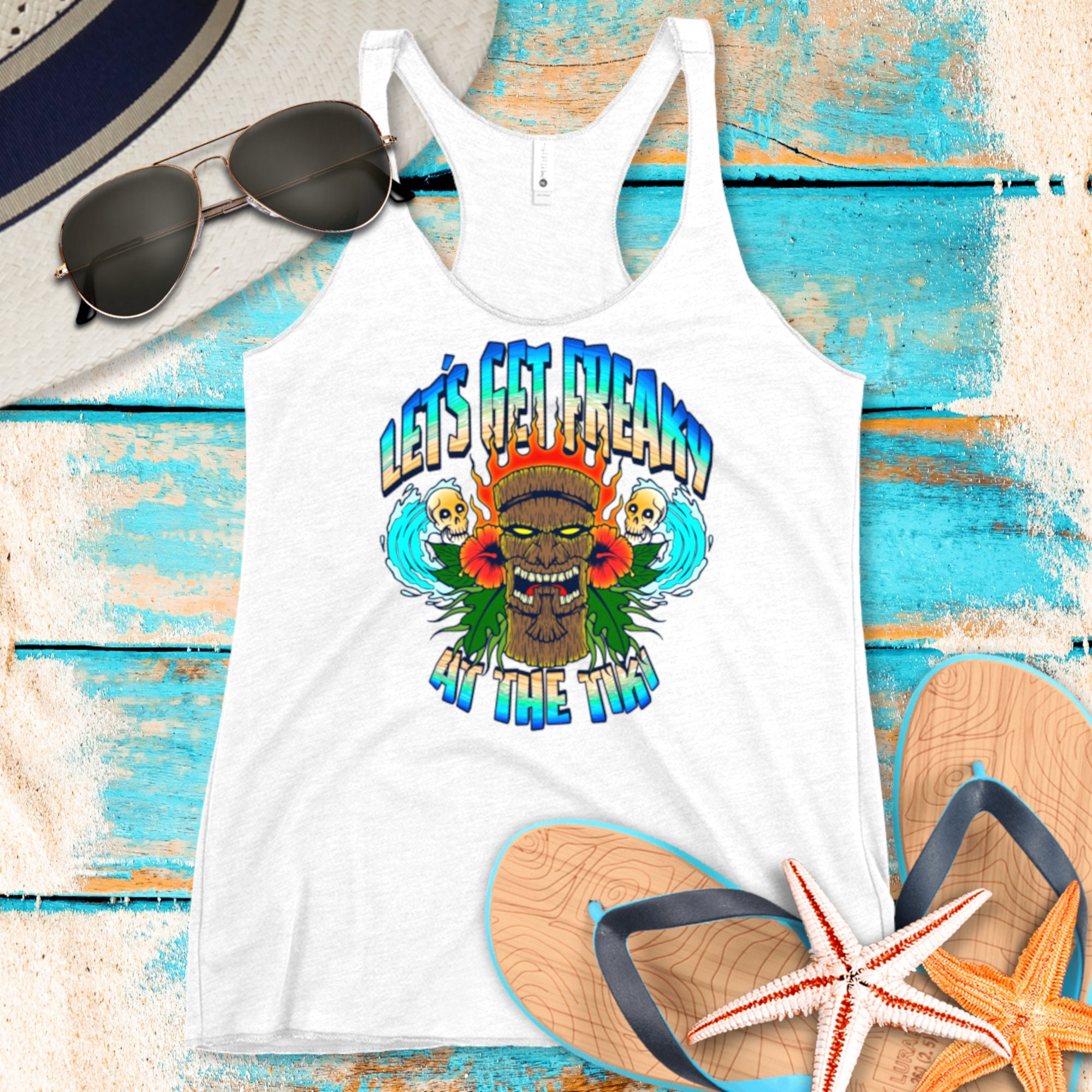 Let's Get Freaky At The Tiki Women's Racerback Tank Top