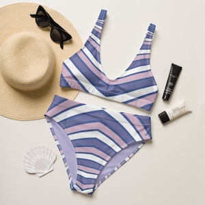 High Waisted Two-Piece Bikini Swimsuit, Eco Friendly Bathing Suit - Women&#39;s Purple Lavender Striped  Swimwear for Her Summer, Beach, or Pool