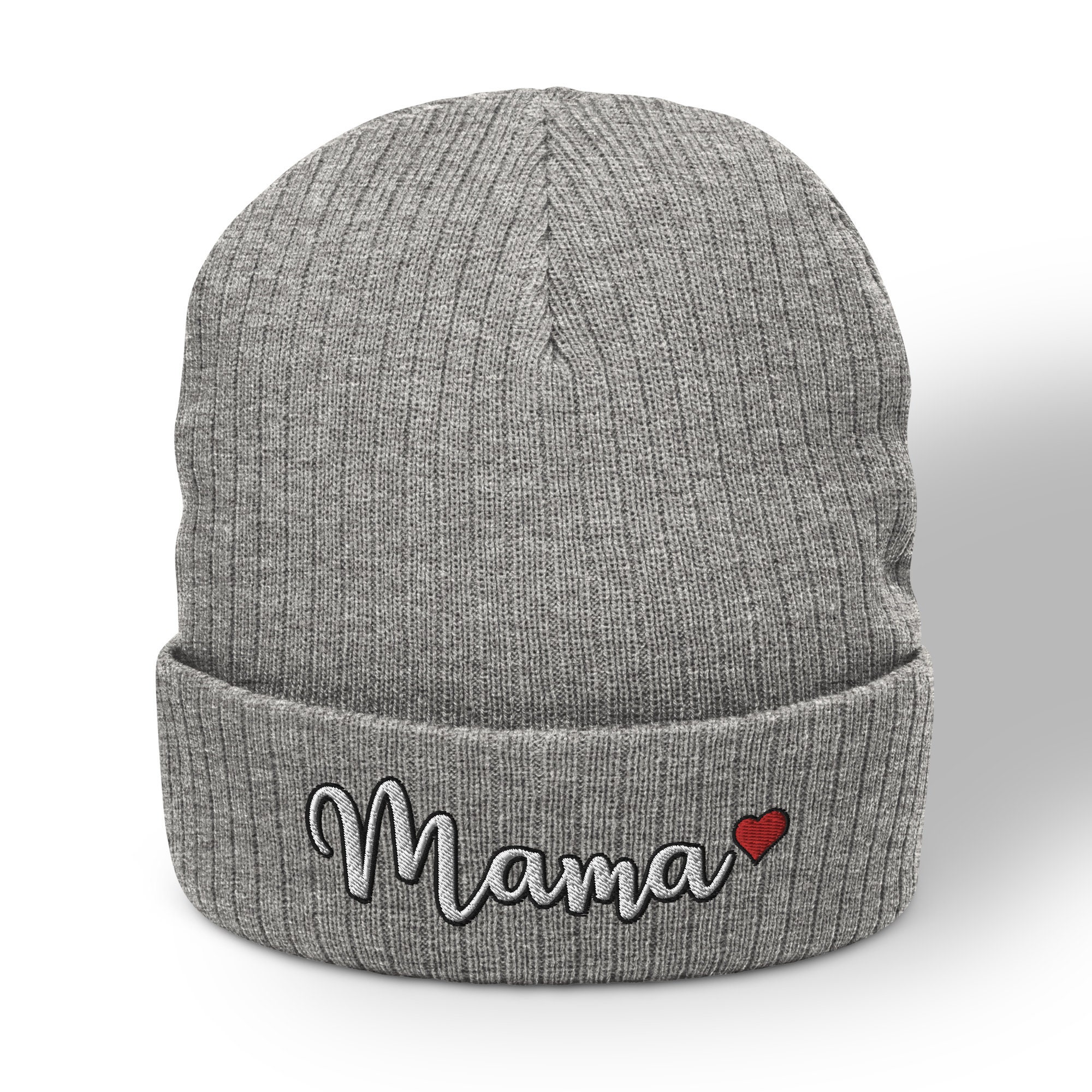 MOTHER Gray Ribbed Beanie with Embroidery Embroidered Mama Heart Beanie: Ribbed Knit Cuffed Winter Hat  main image 2