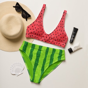 Women's High-Waisted Two-Piece Bikini, Watermelon Fruit Seeds & Stripes Swimsuit, Bathing Suit, Summer Beach Pool Vacation Swimwear Gift