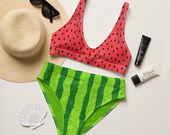 Women's High-Waisted Two-Piece Bikini, Watermelon Fruit Seeds & Stripes Swimsuit, Bathing Suit, Summer Beach Pool Vacation Swimwear Gift