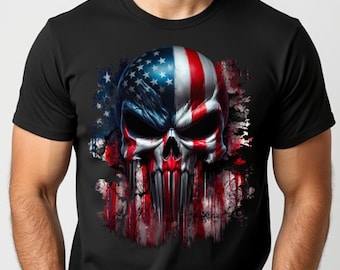 American Flag Skull T-Shirt Patriotic USA Distressed Graphic Tee 4th of July Veteran Shirt
