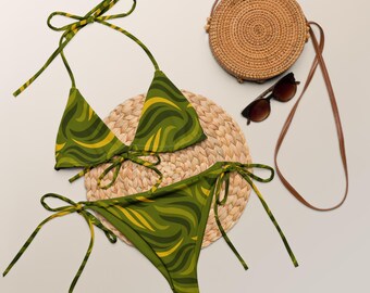 Olive Green Abstract String Bikini: Women's Triangle Swimsuit
