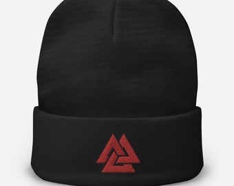 Embroidered Viking Beanie: Valknut Odin&#39;s Knot Winter Hat