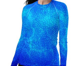 Women's UPF 50 Rash Guard: Aqua Water Droplets Long Sleeve Swim Shirt