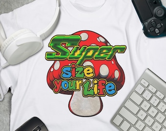 Retro Gaming Mushroom T-Shirt: Super Size Your Life, 100% Cotton