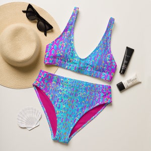 Leopard Print Bikini, High-Waisted Two-Piece Cheetah Animal Print, Blue Pink Swimsuit, Summer Beach Festival Vacation Swimwear Gift