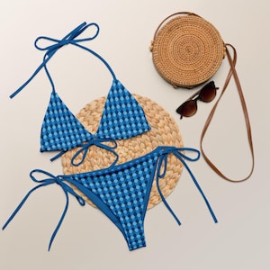 String Bikini Blue Triangle Top Swimwear, Hexagonal Geometric Print, Trendy Women’s Two-Piece Bathing Suit, Unique Beach Summer Style Gift