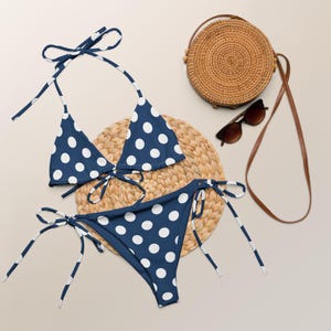 Blue Polka Dot String Bikini, Women&#39;s Triangle Bikini Top Two-Piece Swimsuit, Stylish Beachwear, Vacation Bathing Suit, Custom Tie Styles