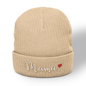 Geborduurde Mama Heart-beanie: geribbelde gebreide wintermuts met manchetten
