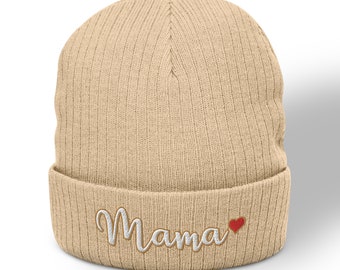 Embroidered Mama Heart Beanie: Ribbed Knit Cuffed Winter Hat