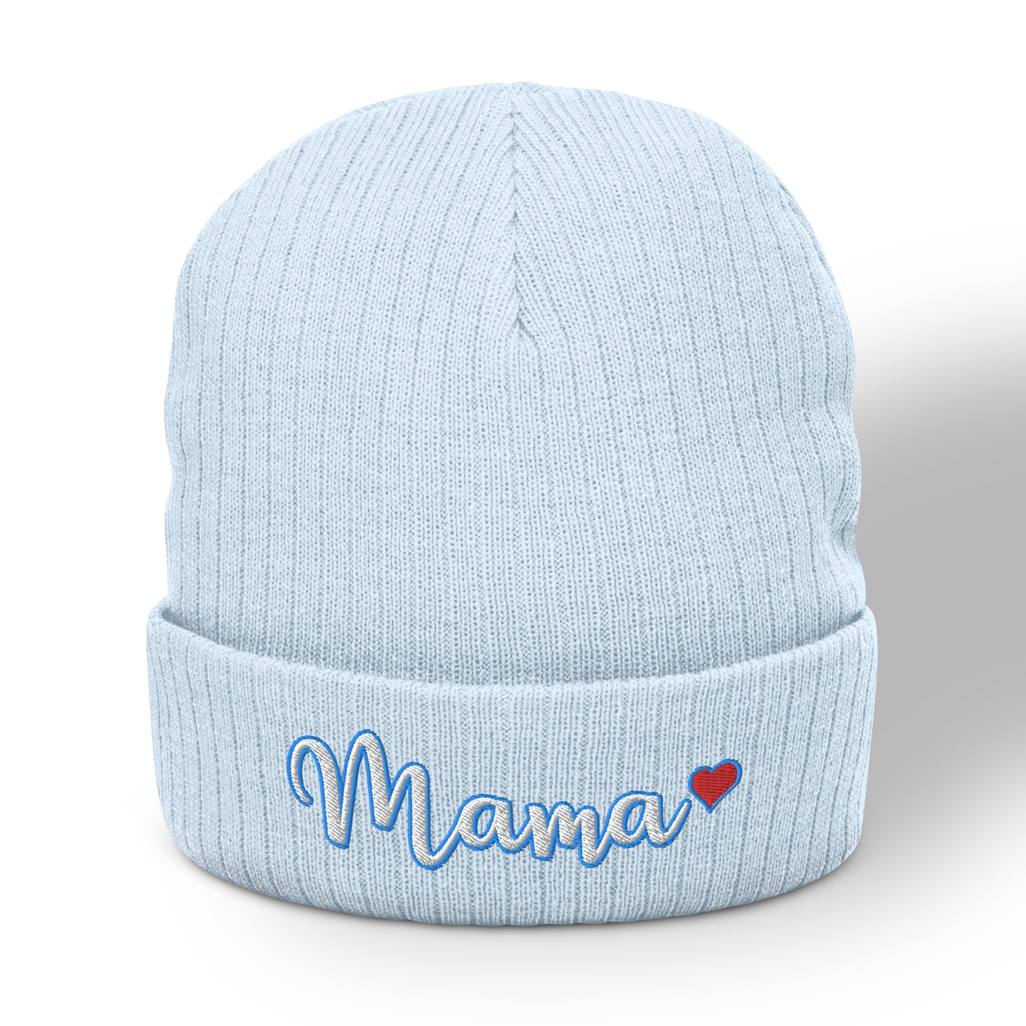 Embroidered Mama Heart Beanie: Ribbed Knit Cuffed Winter Hat 