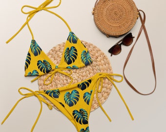 Monstera Blatt String Bikini: Gelb & Blauer Hawaii-Badeanzug