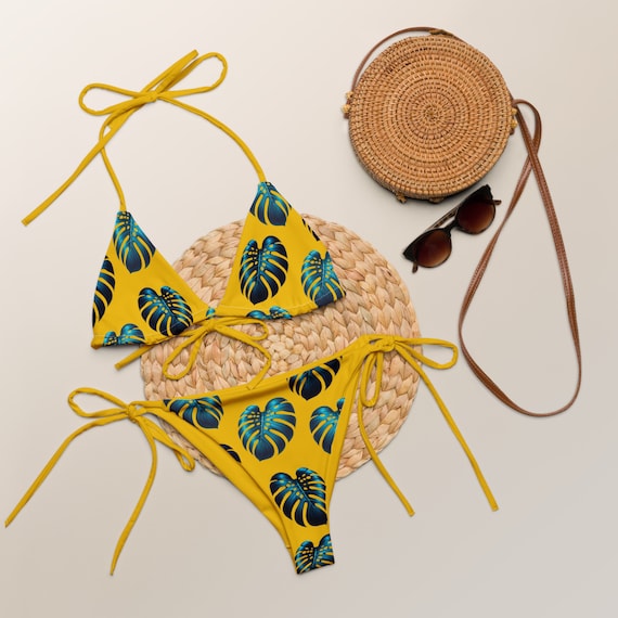 Buy Monstera Leaf String Bikini: Yellow & Blue Hawaiian Swimsuit Online in  India - Etsy