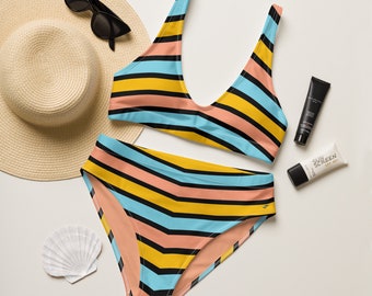 High Waisted Striped Bikini Set, Eco-Friendly Recycled Swimwear