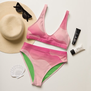 Women&#39;s High-Waisted Two-Piece Bikini, Pink Watermelon Waves & Stripes Swimwear, Bathing Suit for Summer Pool Fun, Ideal Beach Swimsuit gift