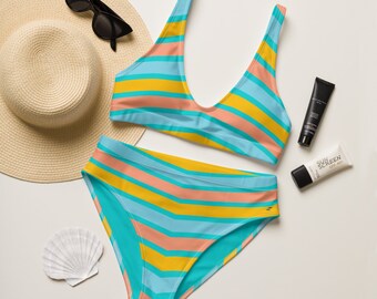 High Waisted Bikini Swimsuit, Turquoise Multicolor Striped, Eco Friendly