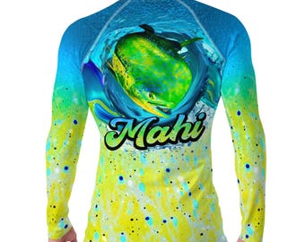 Men's UPF 50 Rash Guard: Ombre Mahi-Mahi Fishing Sun Shirt