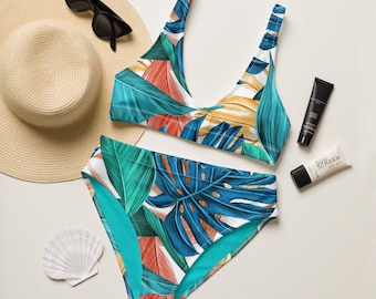 High Waisted Bikini: Tropical Palm Leaf Print, Recycled Polyester