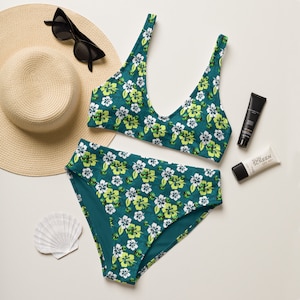 High-Waisted Two-Piece Bikini Bathing Suit, Tropical Watermelon Fruit & Flowers Swimsuit, Summer Beach Pool Vacation Swimwear Gift for Her