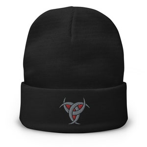 Embroidered Viking Triskelion Beanie: Norse Winter Hat