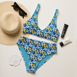High-Waisted Two-Piece Bikini Bathing Suit, Tropical Hawaiian Hibiscus & Flowers Swimsuit, Summer Beach Pool Vacation Swimwear Gift for her