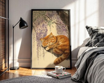 Impresión artística de gato de estilo japonés, arte de gato pelirrojo soñoliento, estilo japonés, lindo gato durmiendo
