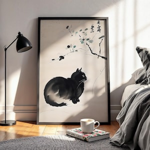 Impresión digital de gato de estilo japonés / Arte de pared minimalista de gato /