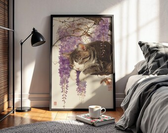 Grey Tabby Cat Sleeping, Japanese Cat Wall Art, Japanese Style