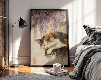 Tricolour Cat Sleeping, Sleepy Cat Art, Japanese Style Art
