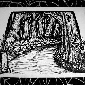 May include: Black and white print of a winding road through a forest. The road is bordered by a stone wall and trees. A road sign warns of the curves ahead. A skull is at the base of a stone pillar.