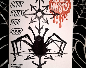 Könnte beinhalten: Ein weißes Zine mit schwarzen und roten Grafiken. Das Cover zeigt eine Spinne, ein Sternmuster und den Text "AM I ONLY WHAT YOU SEE?" und "RAZ NASTY". Der untere Teil lautet "A TRANSGRESSIVE TRANSSEXUAL INTROSPECTION."