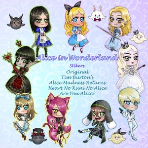 Naklejki chibi Alicja w Krainie Czarów: Disney, Tim Burton, Alice Madness Returns, Heart No Kuni No Alice i Are You Alice?