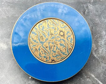 Vintage Mid Century 1940's Round Dark Blue Gold Enamel Brass Floral Flowers Compact Mirror Makeup Storage Powder Case Beauty Accessories