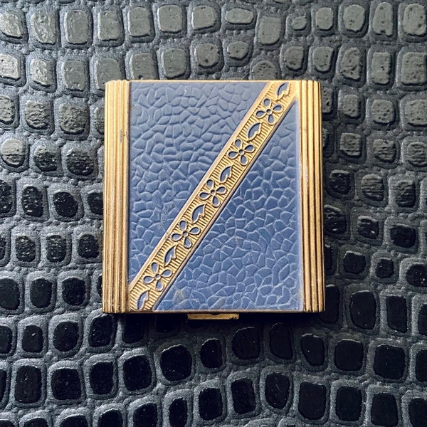 Antique Blue Brass Art Deco Square Floral Flowers Compact Mirror Makeup Case Rouge Face Powder Beauty Vanity Accessories 1930's