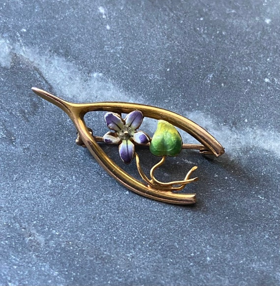 Antique Victorian 10k Gold Wishbone Brooch Pin En… - image 3