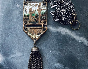 Handmade Reclaimed Antique Art Deco Egyptian Revival Enamel Tassel Pendant Necklace 1920's Statement Jewelry