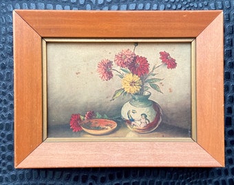 Vintage Art Artwork Print Still Life Dahlia Flowers Floral Vase Woman Snake Adam Eve Garden of Eden Eclectic Wall Hanging Framed Wood Frame