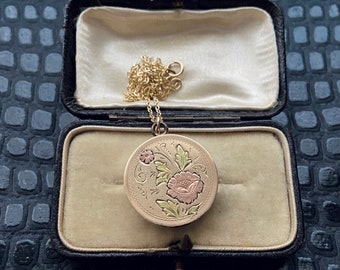 Antieke Edwardiaanse vroege jaren 1900 ronde goud gevulde bloemen bloemen decoratieve foto medaillon HALSKETTING aandenken erfstuk sentimentele sieraden