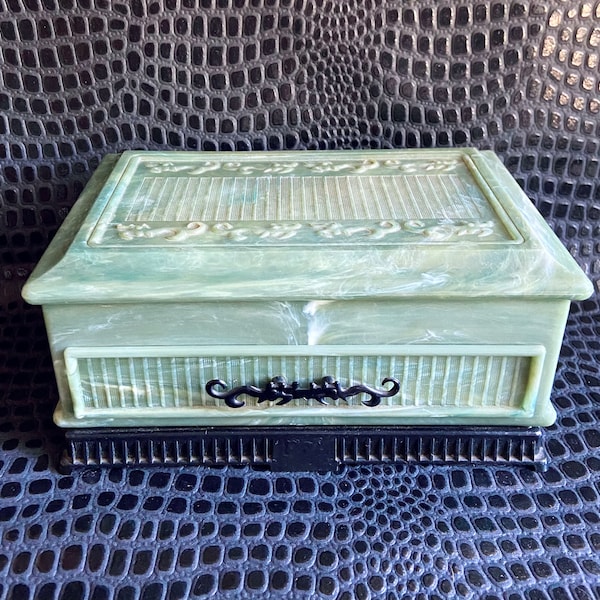 Vintage Antique Green Marbled Black Plastic Art Deco 1930's Dragon Dragonware Jewelry Box Storage Organization Talisman by Deltah