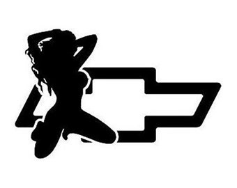 May include: Black and white silhouette of a woman leaning on a Chevrolet bowtie logo.