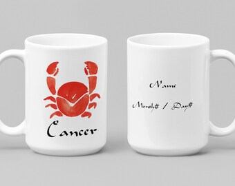 Personalized Cancer Zodiac Mug Coffee Cup, Horoscope, Sign, Birth, Crab, 11oz or 15oz Ceramic