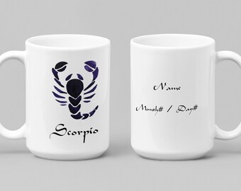 Personalized Scorpio Zodiac Mug Coffee Cup, Horoscope Sun Sign Scorpion October November 11oz or 15oz Ceramic