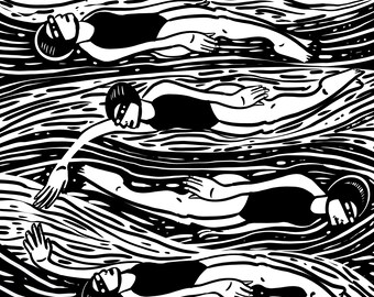 Swimmers Giclee Print on Archival Paper. Black and White. Printmaking Print Open Water Swimming Vintage Swim Suits Polka Dots and Stripes